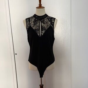 Halston Heritage Black Lace Yoke Sleeveless Bodysuit